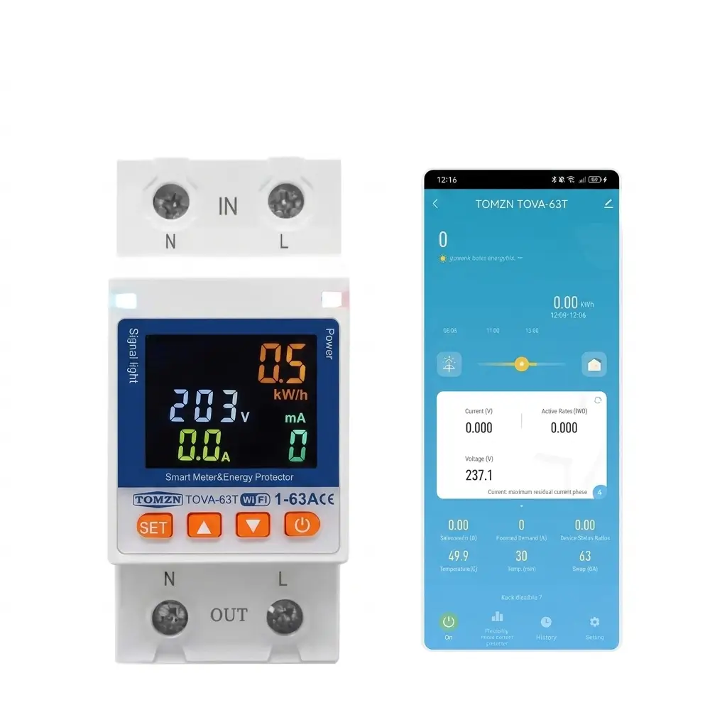Tomzn TOVA 63T 63A WIFI Protector Mini 10in1 With Memory Option _ Units (Kwh) Lock _ Under & Over Voltage Protection Earth Leakage _ Monitoring _ Tuya Smart Smart Life
